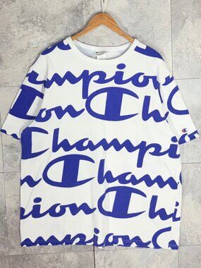Champion Heritage All Over Print T-Shirt Men's XL White Blue Y2K Logo